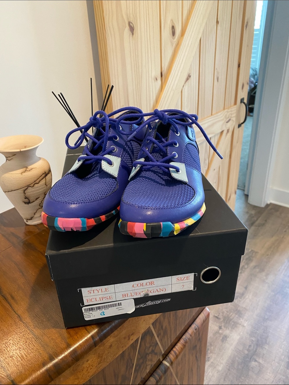 John Fluevog Royal Blue Sneakers with Multicolor Block Soles, size 8.5 women